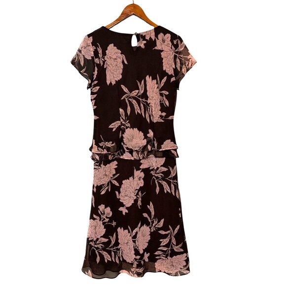 Vtg Brown & Pink Floral Dress Size 8 Short Sleeve Midi Coquette Romantic Cottage - Picture 2 of 5